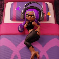 3d_(artwork) barefoot bed black_leggings black_topwear blender_(software) breasts dark-skinned_female dark_skin headgear headphones inkling inkling_girl looking_at_viewer purple_eyes purple_hair splatoon splatoon_3 tentacle_hair