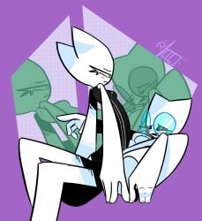 2girls blushing breasts female_only femtanyl glasses lesbian lying_on_ground sitting_on_person whiskers white_body
