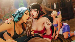 2boys 3d 3d_(artwork) 3girls big_breasts big_penis blowjob cleavage dark-skinned_male eyes_closed fortnite fortnite:_battle_royale goth_girl group_sex haylee_skye_(fortnite) kneeling licking licking_cum licking_penis light-skinned_female lightrider_(fortnite) looking_at_partner morgan_myst_(fortnite)