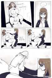 absurdres areolae big_breasts breasts bukkake comic cum cum_everywhere cum_on_body cum_on_breasts cum_on_penis cum_on_self dickgirl erection female female_on_futa futanari handjob highres huge_cock intersex karen_(lewdua) large_breasts lewdua monochrome natasha_(lewdua) nipples penis sisters speech_bubble text thick