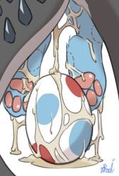 2026 ambiguous_form ambiguous_gender bite_mark blue_body blue_fur bodily_fluids cum cum_drip cum_on_egg cum_on_feet digitigrade dripping duo egg emoji_description excessive_cum excessive_genital_fluids feet fur genital_fluids hi_res hindpaw leg_cropped_sex noyamaaoi pawpads paws pink_pawpads signature simple_background spiked_tail spikes spikes_(anatomy) spotted_egg tail toony white_background