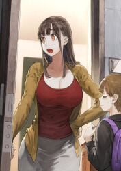 1boy 1girl age_difference big_ass big_breasts brown_hair cleavage jacket navigavi pale-skinned_female pale_skin red_shirt size_difference wide_hips