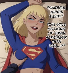 accurate_art_style ai_generated assertive_female dialogue femdom grabbing_another's_breast pov supergirl