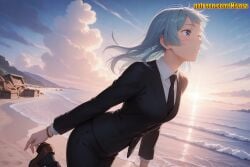 1girl ai_generated beach black_jacket black_necktie black_pants black_suit blue_eyes blue_hair blush bracelet breasts brown_footwear building cloud cloudy_sky collared_shirt day floating_hair formal house jacket jewelry jujutsu_kaisen kasumi_miwa light_blue_hair loafers long_hair long_sleeves looking_afar miwa_kasumi necktie nivora ocean outdoors pant_suit pants parted_lips sand scenery shirt shoes shore sky solo standing standing_on_one_leg suit sun sunlight sunset water white_shirt