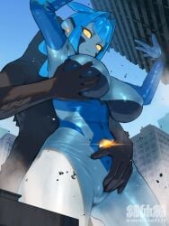 big_boobs big_breasts big_tits buildings giantess groped_from_behind groping_breast groping_from_behind heroine_in_trouble lifting mentaiko3535 original original_character original_female_character pussy_visible rubbing rubbing_pussy superheroine ultra_heroine ultraman_(franchise) ultrawoman