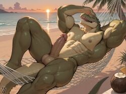 abs ai_generated anthro beach closed_eyes completely_nude completely_nude_male crocodile crocodilian erection green_body male male_only muscular muscular_anthro muscular_male nipples nude open_mouth pecs scalie sharp_teeth solo yiffinar