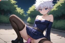 1girls ai_generated bare_shoulders belt blunt_bangs breasts bush cleavage collarbone detached_sleeves dildo dildo_riding dress full_body huge_dildo imminent_penetration killua_zoldyck lipstick long_sleeves looking_at_viewer makeup medium_breasts night no_panties off-shoulder_dress outdoors pleated_dress pussy sex_toy shoes smile solo spread_legs strapless strapless_dress thighhighs