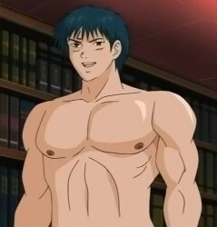 biceps black_hair bookshelves brown_body high_school_student imminent_rape keraku-no-oh:_king_of_pleasure muscular muscular_male pectorals rapist ryouichi_sashima scar_on_forehead school_library six_pack teenage_male teenager walking_naked