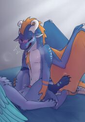 andromorph andromorph/male anthro blue_body blue_eyes blue_fur blush bodily_fluids claws clitoris dragon duo feathers fin from_front_position fur furred_dragon furred_scalie genitals hi_res horn intersex intersex/male knot lying male markings missionary_position motion_lines mythological_creature mythological_scalie mythology on_back orange_body orgasm orgasm_face pawpads paws paye_nappeule penetration scales scalie seawing_(wof) serdagonn_(character) sex sweat sweven_(character) trans_(lore) trans_man_(lore) vaginal_penetration wings wings_of_fire