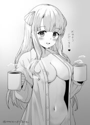 1girls areola_slip artist_name big_breasts blunt_bangs blush breasts commentary cowboy_shot cup double_bun dress_shirt female female_only fletcher_(kantai_collection) folded_hair gradient_background greyscale groin hair_bun heart japanese_text kantai_collection large_breasts looking_at_viewer mae_(maesanpicture) monochrome mug naked_shirt navel no_panties open_clothes open_shirt shirt solo standing text translated twitter_username
