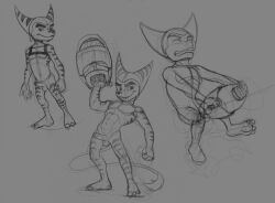 1boy 2018 abs anthro balls cannon erection gay gear improvised_sex_toy male male_only mobilemutt monochrome penis ratchet_(ratchet_and_clank) ratchet_and_clank solo video_games weapon yaoi