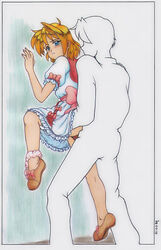 1boy against_wall ballpoint_pen_(medium) blonde_hair blue_eyes blush bow clothed_sex colored_pencil_(medium) dress eternal_melody faceless faceless_male female harumachi_nagaaki lemit_mariena marker_(medium) panties panties_around_leg pink_panties sex traditional_media underwear