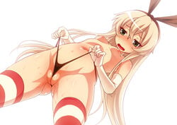 between_labia blush breasts female green_eyes innie_pussy kantai_collection kneehighs nude panties panty_pull personification pussy pussy_juice rokko shimakaze_(kantai_collection) thong thong_panties underwear