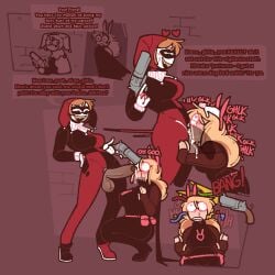 balls big_ass big_balls big_breasts big_penis cum cum_in_mouth cum_inside dark_skin dc dc_comics dialogue dialogue_box dickgirl english_text erection femsub futa_on_female futadom futanari gun harley_quinn harley_quinn_(classic) heart-shaped_pupils heart_symbol huge_cock jester jester_hat jester_outfit leaking_cum light_skin mask pavizi_(xenopavilia) penis rape revolver scared text threatening threatening_with_weapon trans_woman trans_woman_(lore) transfem x-ray xenopavilia