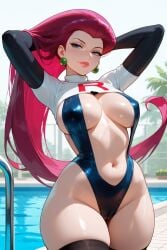 ai_generated arms_behind_head ball_earrings bolero cameltoe cowboy_shot crimson_hair curved_hair dark_pink_hair female green_earrings inner_sideboob jessie_(pokemon) long_hair midriff monokini musashi_(pokemon) nipple_bulge pokemon poolside rgomez007 seductive_smile slingshot_swimsuit solo_female stable_diffusion team_rocket_uniform thighhighs underboob wide_hips