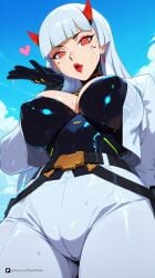 1girl ai_generated artist_name bangs belt black_gloves blizzard_entertainment blue_sky blunt_bangs breasts cameltoe cleavage cloud covered_nipples day earrings from_below gloves heart horns jewelry large_breasts long_hair looking_at_viewer mole open_mouth overwatch overwatch_2 overwatch_archives overwatch_league pants patreon questionable red_eyes ringed_eyes shion sky solo sweat white_hair