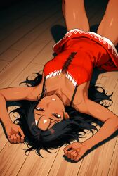 1girls ai_generated armpits arms_up black_hair brown_hair brown_skin brown_skinned_female corset_dress dress_straps female female_only floor girl_only laying_down laying_on_back naja_wild ready_for_sex ready_to_fuck red_dress red_pill_neo shadow short_dress small_breasts solo source_removed string wooden_floor