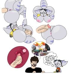 absurd_res action_figure anonymous_artist anthro blue_eyes bodily_fluids braixen breasts brown_hair cervical_penetration cip cringing cum cum_in_vagina cum_inside cybernetic_arm cybernetic_limb dialogue disembodied_penis duo ear_piercing ear_ring eyewear eyewear_on_head fallopian_tubes female fourth_wall_broken generation_6_pokemon genital_fluids genitals goggles goggles_on_head grey_body hair hi_res human humor internal leaning leaning_sideways lombax male male/female mammal nintendo penetration penis piercing pokemon pokemon_(species) pose ratchet_and_clank ring_piercing rivet_(ratchet_and_clank) scarf self_insert sex simple_background sony_corporation sony_interactive_entertainment speech_bubble star_wars thought_bubble uterus