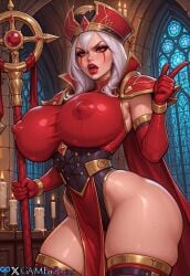 1girls 2d 2d_(artwork) 2d_artwork ai_generated angry armor bare_shoulders big_breasts bimbo bimbo_body bimbofied candle cape church corset erect_nipples fantasy female female_focus female_only gameofbimbos glossy_skin gloves gold_trim hat huge_breasts indoors large_breasts long_hair looking_at_viewer makeup nipple_bulge nipples nipples_visible_through_clothing pointing poke_nipples red_eyes red_lipstick sally_whitemane scarlet_crusade shiny_skin solo solo_female solo_focus staff stained_glass thick_thighs thighhighs warcraft white_hair wide_hips world_of_warcraft