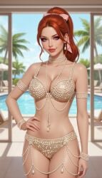 ai_generated bikini female ginger_hair hand_on_hip hourglass_figure one_hand_on_hip pearl_bikini pearl_bracelet pearl_necklace pearls ponytail poolside rgomez007 ribbon_in_hair slender_body solo_female stable_diffusion thick_lips thighlet