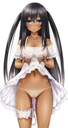 bikini_tan black_hair blue_eyes breasts captain_earth chunyan clothing dakimakura dress dress_lift female grass long_hair looking_at_viewer mutou_hana nipples no_panties pussy_juice see-through see-through_clothing solo standing tan_lines tanline tied_hair twintails uncensored vibrator vibrator_in_thighhighs