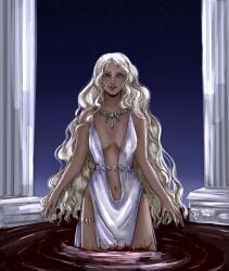 1girls 2020s 2025 a_song_of_ice_and_fire bathing bathing_in_blood belly_button blood blood_pool blue_eyes breast_outline breasts cleavage curly_hair dress female fire_and_blood game_of_thrones gown green_eyes helaenart heterochromia jewelry jewlery light_skin long_hair nail_polish necklace night night_sky nipple_outline nipples_visible_through_clothing parted_lips pillar shiera_seastar silver_hair skimpy_dress solo star starry_sky valyrian very_long_hair white_hair wide_hips