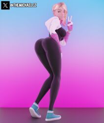 1girls 3d 3d_(artwork) 3d_render alternate_version_at_source alternate_version_available ass awkward black_bodysuit black_pants blender blender_(artwork) blender_(software) blonde_female blonde_hair blue_shoes bodysuit breasts ear female gradient_background gwen_stacy gwen_stacy_(spider-verse) hand_on_thigh hoodie long_hair looking_at_viewer looking_back marvel nose one_leg_up peace_sign posing posing_for_the_viewer presenting shoes smiling smiling_at_viewer solo solo_female solo_focus spider-gwen spider-man:_across_the_spider-verse spider-man:_into_the_spider-verse spider-man_(series) the_michael watermark wink winking winking_at_viewer