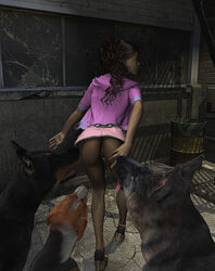 3d alley anus ass beagle bent_over brown_hair canine curly_hair darksoul doberman female feral fire_escape garbage_bin german_shepherd hair human interspecies male mammal pussy skirt stephanie_(darksoul) straight tongue zoophilia