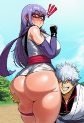 gintama ai_generated looking_back annoyed_expression ass ass_focus large_ass thick_ass big_ass big_butt below_view back_view exposed_ass holding_ass grin face_against_ass grabbing grabbing_ass squeezing_ass gintoki_sakata holding_ass_up questionable_consent surprised_expression pursed_lips glasses blush large_breasts big_breasts sarutobi_ayame