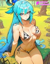 1girls 2021 2026 ai_assisted ai_generated animal_print anime aqua_(konosuba) artist_name bikini blue_hair breasts bush bust cow_horns cow_print cow_tail explicit hair_rings hi_res high_quality high_resolution highres jungle kono_subarashii_sekai_ni_shukufuku_wo! konosuba long_hair lushpeach nature navel on_grass on_ground outdoors patreon patreon_username side-tie_bikini sitting stable_diffusion swimsuit very_long_hair watermark wooden_fence year_of_the_ox