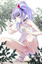 1girls anus blue_hair blush breasts censored dress dress_lift female food hair_ornament human long_hair looking_at_viewer martian_successor_nadesico mosaic_censoring no_panties pale-skinned_female pale_skin pierre_norano popsicle pussy ruri_hoshino solo squatting tied_hair twintails yellow_eyes