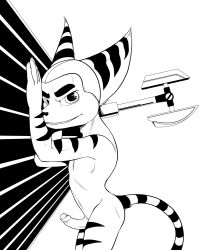 ratchet_and_clank ratchet_(ratchet_and_clank) mobilemutt gay yaoi video_games anthro male male_only penis erection foreskin uncircumcised ass wrench monochrome 1boy solo 2015 abs tail