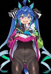 ai_generated animal_ears canine_teeth costume different_eye_color female horse_girl multicolored_hair odd_eyes outfit pussy_lips shobu-fuku_(umamusume) twin_turbo_(umamusume) umamusume umamusume_pretty_derby