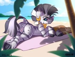 alternate_character alternate_version anatomically_correct anus ass beach book cloud collaboration commission dock ear_fluff erein_(artist) female feral friendship_is_magic g4 genitals looking_at_you looking_back looking_back_at_you lying_down mare mlp_g4 multi_ych my_little_pony nudity ocean outdoors palm_tree plot ponut pony prone sky smiling smiling_at_you solo solo_female tail tree underhoof vulva water ych_result yuris_(artist) zebra zecora zecorass