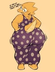 2d alphys animation_sensation ass ass_focus big_ass bubble_butt chubby chubby_female clothing curvy dinosaur dress english_text eyewear fat_ass female fully_clothed glasses hands_on_hips huge_ass looking_at_viewer looking_back monster monster_girl motion_lines scalie scalie_female scalie_only self-conscious short_tail simple_background solo solo_female tail talking_to_viewer text thick_ass tight_clothing undertale undertale_(series) wide_hips wobbling_ass yellow_body