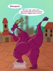 anthro anus ass bartok_the_magnificent big_butt blowing_kiss blurred_background building destruction detailed_background don_bluth dragon english_text fangs female genitals heart_symbol hi_res huge_butt looking_back ludmilla_(bartok) mythological_creature mythological_scalie mythology one_eye_closed outside purple_body raised_tail scalie sharkinwaves smile solo tail tail_anus teeth text thick_tail town vulva wink