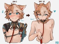 1boy alterkyon animal_ears armor_plates artist_name artist_signature before_and_after blue_eyes blush brown_hair canine_humanoid canonically_a_military_general collar dog_boy dog_collar dog_ears exposed_nipples eyebrows eyebrows_visible_through_hair eyes femboy feminine_male genshin_impact glossy_body glossy_skin gorou_(genshin_impact) hair_ornament heart_symbol holding_own_leash hoyoverse leash leash_and_collar leashed_collar light-skinned_male looking_at_viewer looking_to_the_side male male_only mihoyo nipples open_eyes solo solo_male time_skip