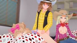 2girls1boy 3d blonde_hair blue_eyes boyfriend-girlfriend boyfriend_and_girlfriend brown_eyes cosplay costume_party cowboy_hat cowboy_outfit cowgirl_hat cowgirl_outfit curly_hair dirty_blonde_hair dressed_up edit edited eyes_rolling_back face_burried_in_pillow fucked_from_behind girlfriend_watching girlfriends_bestie horny_female horny_male implied_penetration koikatsu light_brown_hair long_hair_male original_character original_characters sharing_partner taken_from_behind threesome watching_sex wild_west