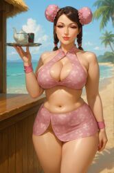ai_generated beach beachside bun_cover chatgpt chinese_clothes cleavage_cutout female hair_tie holding_plate inner_sideboob large_breasts midriff milf mini_skirt ocean ocean_background palm_tree rgomez007 seductive_smile side_slit_skirt solo_female stable_diffusion tea_cup tea_pot thatched_roof thick_thighs twin_braids twin_buns wooden wristband