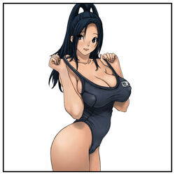 alternate_hair_color bakuman black_hair breasts cleavage female grey_eyes highleg_swimsuit miyoshi_kaya one-piece_swimsuit rapanda simple_background smile solo standing swimsuit white_background