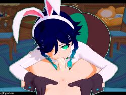 3d ass ass_focus big_ass blowjob bubble_butt bunny_ears bunnysuit cyshen dumptruck_ass duo fellatio front_facing_with_ass genshin_impact grabbing_waist hoyoverse huge_ass koikatsu light-skinned_male male male_only multiple_males onomatopoeia penis venti_(genshin_impact) yaoi