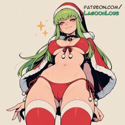 ai_generated antlers artist_name bell bikini bobblehat breasts bust c.c. cameltoe chest choker christmas christmas_ornaments christmas_tree code_geass fake_antlers female from_below fur-trimmed_boots fur-trimmed_cape fur-trimmed_capelet fur-trimmed_gloves fur-trimmed_headwear fur-trimmed_jacket fur-trimmed_legwear fur-trimmed_sleeves fur_cape fur_collar fur_trim green_hair hat hi_res highres holding_sack holly lagoonlore long_hair looking_at_viewer merry_christmas navel neck_bell patreon patreon_username pom_pom_(clothes) red_bikini red_headwear red_legwear reindeer_antlers sack santa_bikini santa_boots santa_costume santa_dress santa_gloves santa_hat side-tie_bikini side-tie_panties solo star_(symbol) swimsuit thighhighs watermark