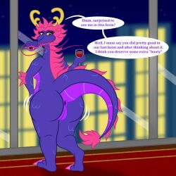 1:1 anthro anus ass belle_bottom_(minions) big_butt building container cup despicable_me detailed_background dragon drinking_glass eastern_dragon english_text female genitals glass glass_container glass_cup hair hi_res holding_container holding_cup holding_drinking_glass holding_object holding_wine_glass illumination_entertainment inside looking_back mane motion_lines mythological_creature mythological_scalie mythology night pink_hair pink_mane purple_body red_carpet scalie shaking_butt sharkinwaves solo star tail_anus text vulva whiskers window wine_glass