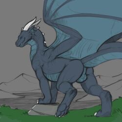 2014 anus ass balls blue_eyes claws digitigrade dragon dragonator feral horn looking_at_viewer looking_back male male_only mountain naughty_face presenting presenting_hindquarters rock scalie sketch smile solo tojo_the_thief wings