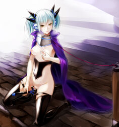 blue_hair blush bondage breasts cardfight!!_vanguard collar female highres kneeling leash masturbating_with_weapon masturbation nipple_tweak nipples pussy self_fondle short_hair solo sukumo_(kemutai) sword thighhighs tied_hair twintails weapon yellow_eyes