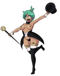 arms_spread breasts cane donutsecret female green_hair happy looking_at_viewer nipples original original_character panties solo standing_on_one_leg tagme top_hat