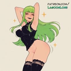 +_+ ai_generated armpits arms_up artist_name black_legwear bottomless breasts bust c.c. chest code_geass covered_nipples female green_hair hi_res highres lace-trimmed_legwear lagoonlore long_hair looking_at_viewer no_panties patreon patreon_username smile solo sparkle sparkle_background thighhighs thighs watermark yellow_eyes