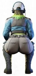 ai ai_generated ass ass_focus belt big_ass black_hair blue_jacket boots clothed clothed_female clothes clothing critical_ops dyed_hair female female_focus female_only green_hair green_shirt hat headgear headphones headphones_on_head headwear hesu jacket jeans mixed_hair_color mobile_game squat squatting squatting_position tight_clothing