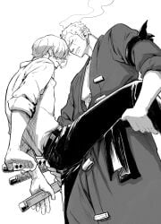 2boys 2d 2d_(artwork) 2d_artwork 2male 2males 2man 2men abs anal anal_penetration anal_sex angry angry_expression angry_face blush blush_lines blushing blushing_male blushing_profusely breath breath_cloud cigarette dress_shirt earrings eye_scar facial_hair frottage frotting fully_clothed fully_clothed_male gay gay_male gay_sex grabbing grabbing_legs homo homoerotic homosexual homosexual_male homosexual_sex jinzxz katana legs legs_apart legs_up male male_only manga_style muscular muscular_male one_piece perspective roronoa_zoro sanji sanji_(one_piece) scar short_hair skinny skinny_male smoke smoking smoking_cigarette swords swordsman tight_clothing uncolored vinsmoke_sanji yaoi zoro_(one_piece)