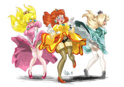 3girls accidental_exposure blonde_hair blue_eyes blush breasts brown_hair butt crown dress dress_lift dress_tug earrings elbow_gloves female female_only gloves high_heels human mario_(series) multiple_girls nintendo nipple_bulge panties pantyshot princess_daisy princess_peach princess_rosalina ra-vel shoes skirt_lift wind_lift